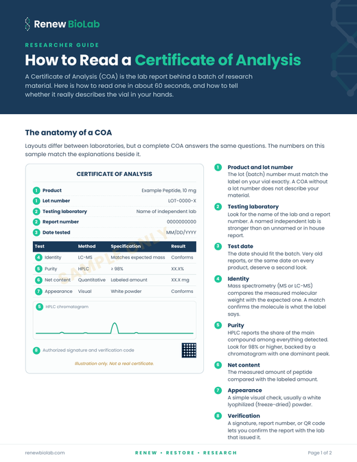 Cover of the Renew BioLab guide How to Read a Certificate of Analysis